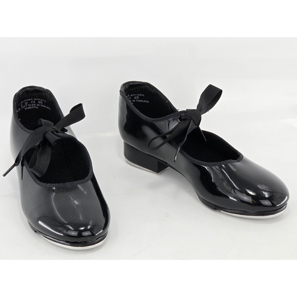 Capezio N625 Jr. Tyette Tap Shoes Girls 8 Black Patent Ribbon Tie - Excellent